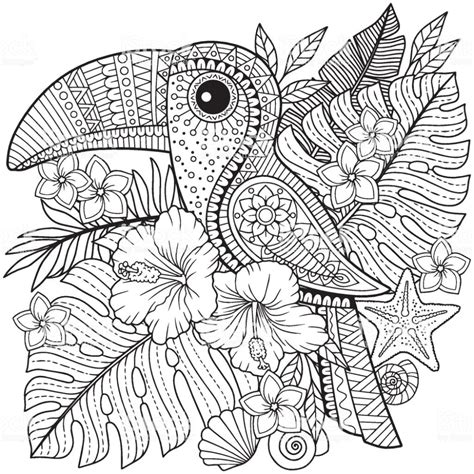 Coloring book for adults. Toucan among tropical leaves and flowers ...