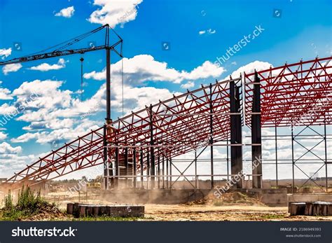 Installation Metal Trusses Frame During Construction Stock Photo ...