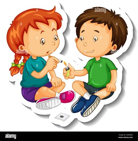 Sticker template with kids trying to smoke cigarette cartoon character ...