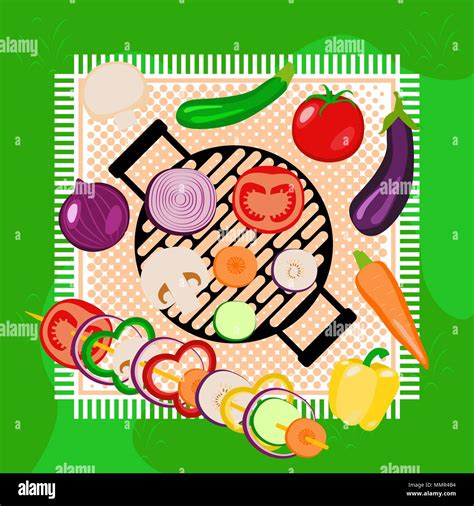 Vegetables picnic in the open air. Top view. Green grass, tablecloth ...