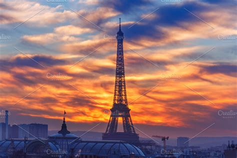 Eiffel Tower at sunset in Paris, France ~ Architecture Photos ~ Creative Market