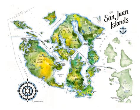 San Juan Islands Map Watercolor Illustration Orcas Lopez San Juan Shaw Waldron Guemes Center ...