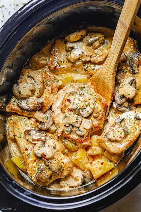 Crockpot Creamy Garlic Pork Chops with Mushrooms and Potatoes | Pork chop recipes crockpot ...