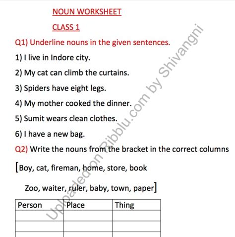 Noun Worksheets For Class 1 with answers