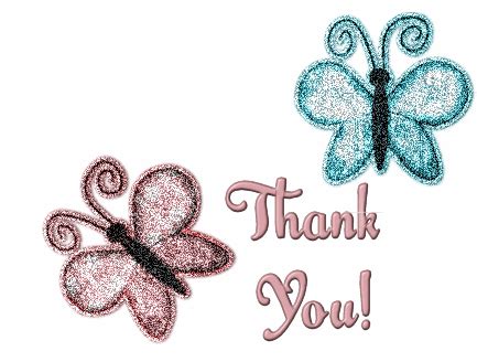 two butterflies with the words thank you in pink, blue and green on white background