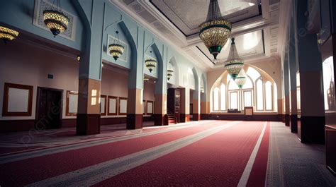 The Inside Of A Mosque Is Shown And There Are Several Lamps Background ...