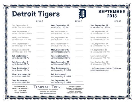 Printable 2018 Detroit Tigers Schedule