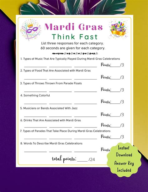 Mardi Gras Think Fast Game Mardi Gras Printable Game for Kids & Adults ...