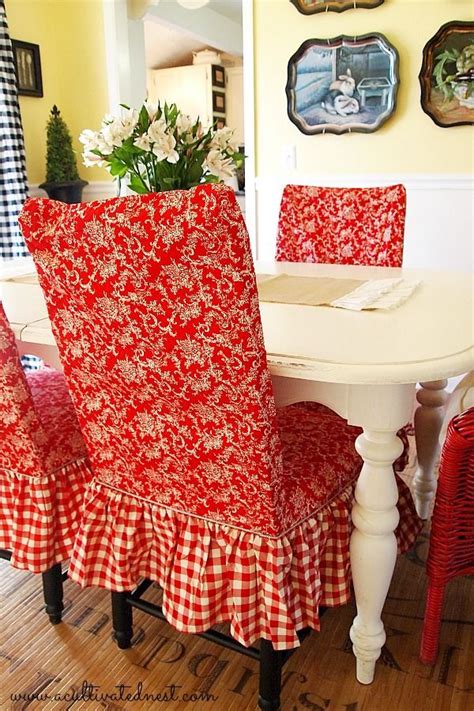 Red Toile and checks slipcovered dining room chairs | Dining room chair slipcovers, Slipcovered ...