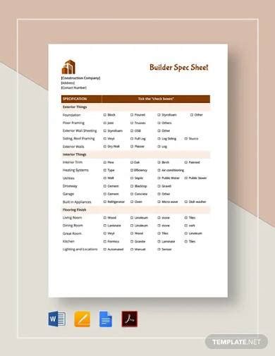 FREE 12+ Spec Sheet Samples in PDF | Google Docs | Google Sheets | MS Excel | MS Word | Numbers ...
