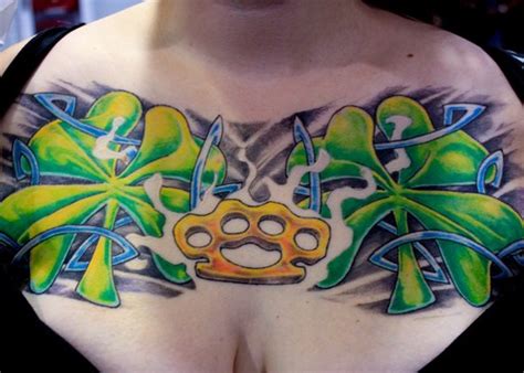 europe tattoo design: Full Color Irish chest piece tattoo with clover, brass knuckles and Celtic ...