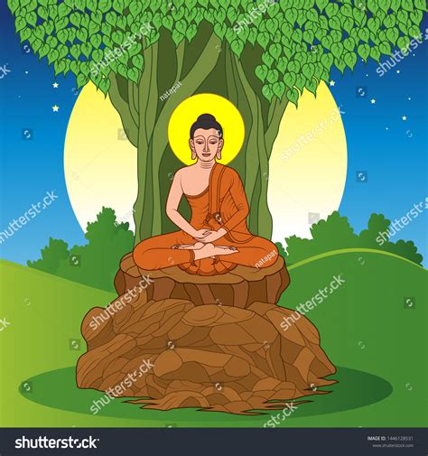 Buddha Sitting Under Bodhi Tree Stock Vector (Royalty Free) 1446128531 ...