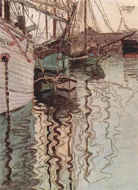 Egon Schiele Sailing ships in the waves exciting water the harbour of Trieste Painting | Best ...