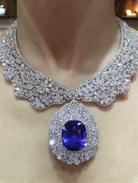 Diamond and large center sapphire necklace shown at the Hong Kong ...