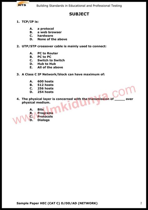 NTS Sample Past Papers HEC CAT C D DD AD Network Subject