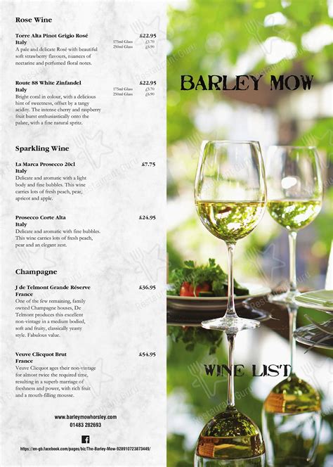 Menu at Barley Mow, East Horsley, 181 The St