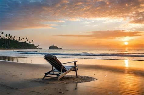 Premium Photo | A beach chair on a beach with a sunset in the background.