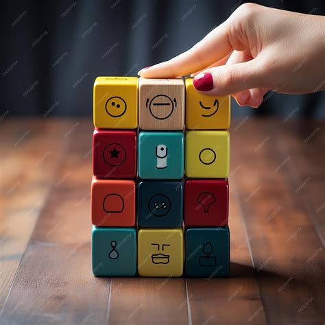 Premium AI Image | Hand voting with happy smiley face emoticon icon on Wooden Cube