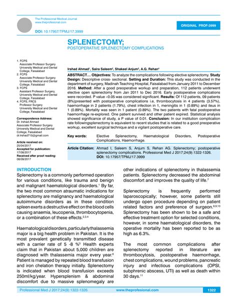 (PDF) SPLENECTOMY; POSTOPERATIVE SPLENECTOMY COMPLICATIONS