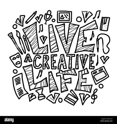 Live a creative life words. Lettering with art symbols. Hand drawn stylized phrase with ...