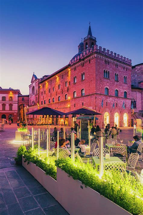 Italy, Umbria, Perugia District, Foligno, People Sitting At Cafe On The Main Foligno Square By ...