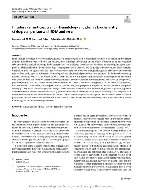 Hirudin as an anticoagulant in hematology and plasma biochemistry of ...