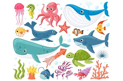 Cartoon sea animals. Cute ocean fish, octopus, shark and turtle, jelly ...