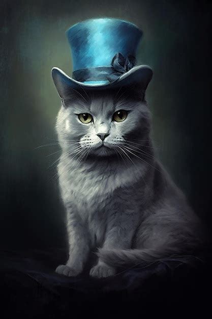 Premium AI Image | Painting of a cat wearing a top hat and sitting on a table generative ai