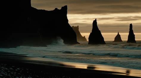 Premium AI Image | A beach with a black sand beach and a large rock ...