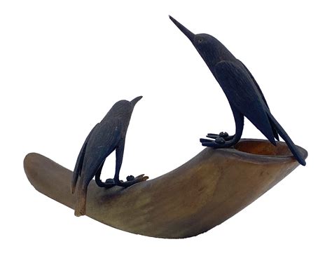 DS-89: Small carved horn sculpture with 2 hummingbirds perched on top by Dan Super | Foltz Fine Art