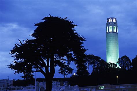 California, San Francisco, Coit Tower at night from Washington Square ...