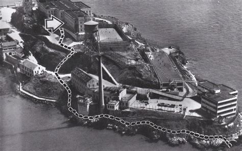 Ariel photographs of Alcatraz showing the escape route followed by Anglin Brothers and Frank Lee ...