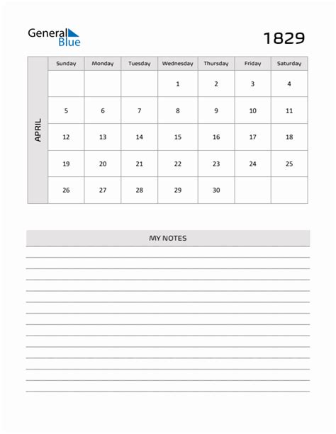 April 1829 Monthly Calendar (PDF, Word, Excel)