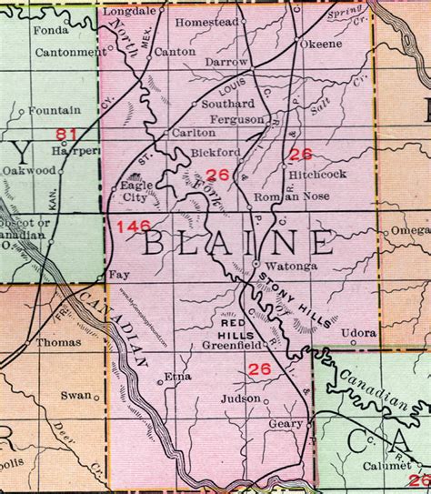 Blaine County, Oklahoma 1911 Map, Rand McNally, Watonga, Geary, Canton ...