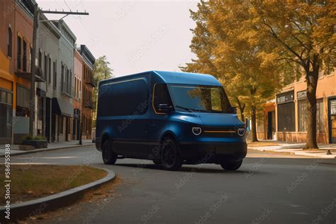 Electric Van Delivering on road. Driver of Electric cargo van delivers ...