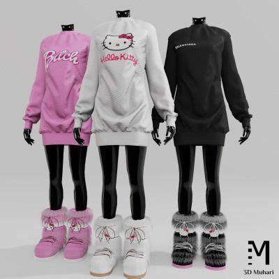 three mannequins with hello kitty sweaters and shoes on display in front of a gray background