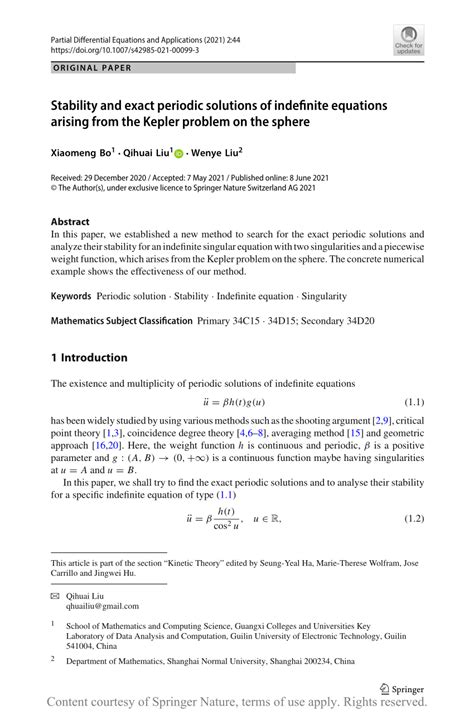 Stability and exact periodic solutions of indefinite equations arising from the Kepler problem ...