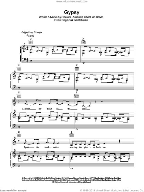 Shakira: Gypsy sheet music for voice, piano or guitar (PDF)