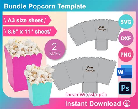 PopCorn Box Template Bundle, PopCorn Box Template SVG, DXF, Ms Word ...