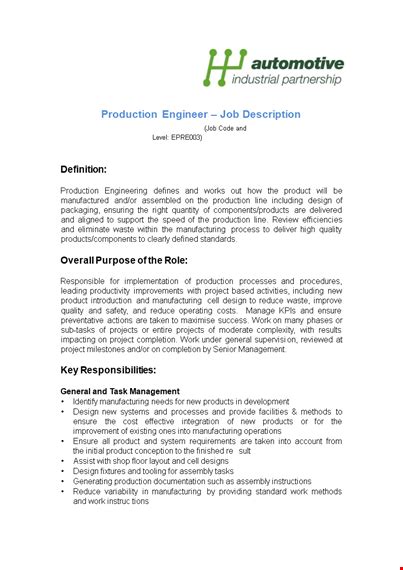 Production Engineer Job Description - Manufacturing & Process | Ensure ...