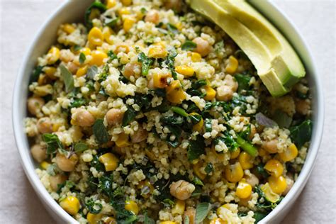 lemony millet salad with chickpeas, corn, + spinach — Edible Perspective