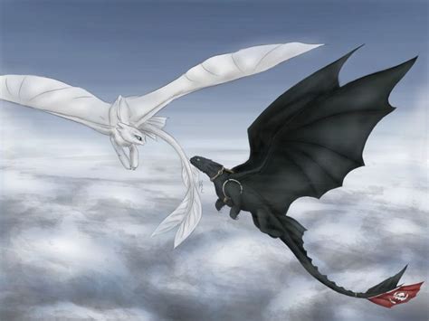 Toothless and Light Fury the White Night Fury flying in the sky above the clouds | Dibujo de ...