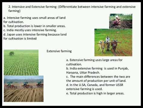 Differentiate between intensive and extensive farming in 4-5 points ...