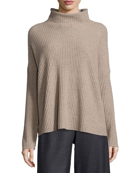 Eileen fisher Boxy Funnel-neck Cashmere Sweater in Brown | Lyst