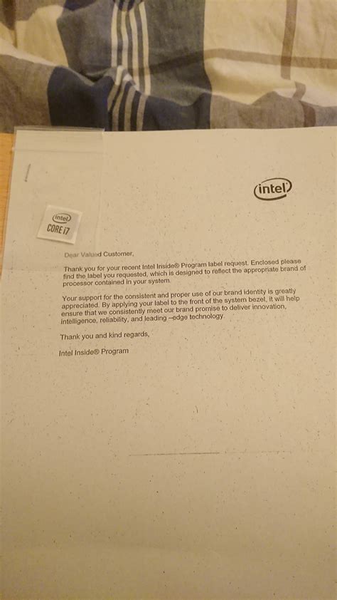 Intel inside sticker with a short letter from the intel inside label replacement programe. The ...