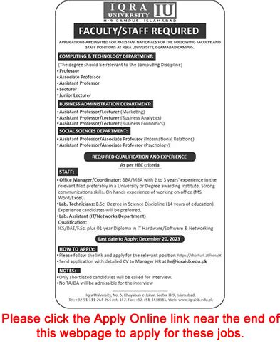 Iqra University Islamabad Jobs December 2023 Apply Online Teaching Faculty & Others Latest in ...