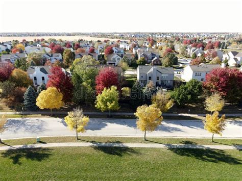 Overhead Aerial View of Colorful Autumn Trees Residential Houses and Yards Along Suburban Street ...