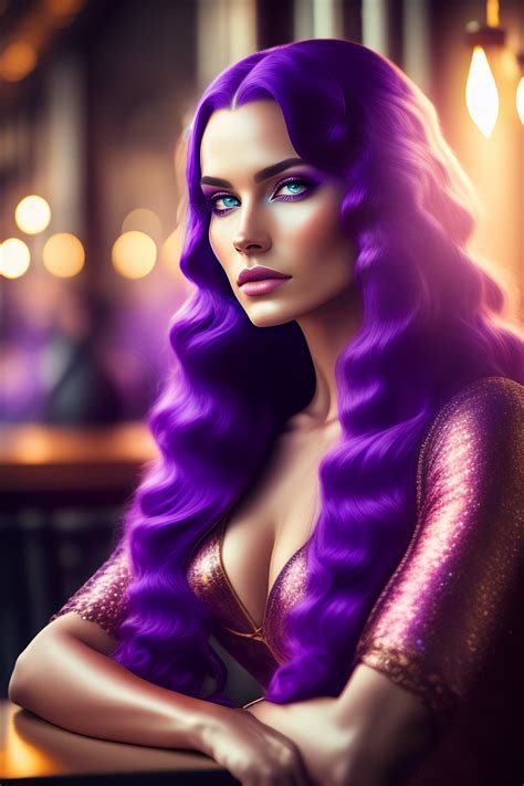 Lexica - A beautiful Android woman with long purple hair and purple galaxy eyes sitting in a booth