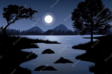 Premium Vector | Night river view nature scene landscape design background design