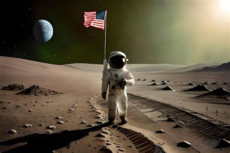 Premium AI Image | an astronaut walks on the moon with a flag in the background.